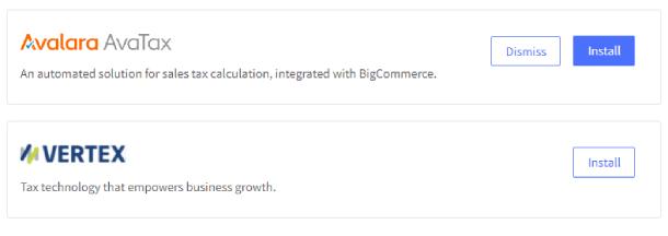 The automatic tax service providers in the tax area of the BigCommerce control panel