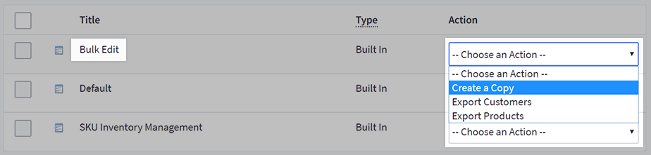 Create a copy option selected from the Action menu next to the Bulk Edit template
