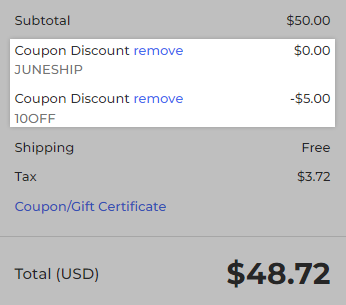 Two coupons entered on the storefront checkout page