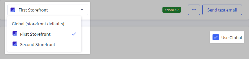 Storefront selector and Use Global checkbox highlighted.