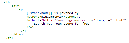 Replace the "Powered by BigCommerce" text in the Code tab.