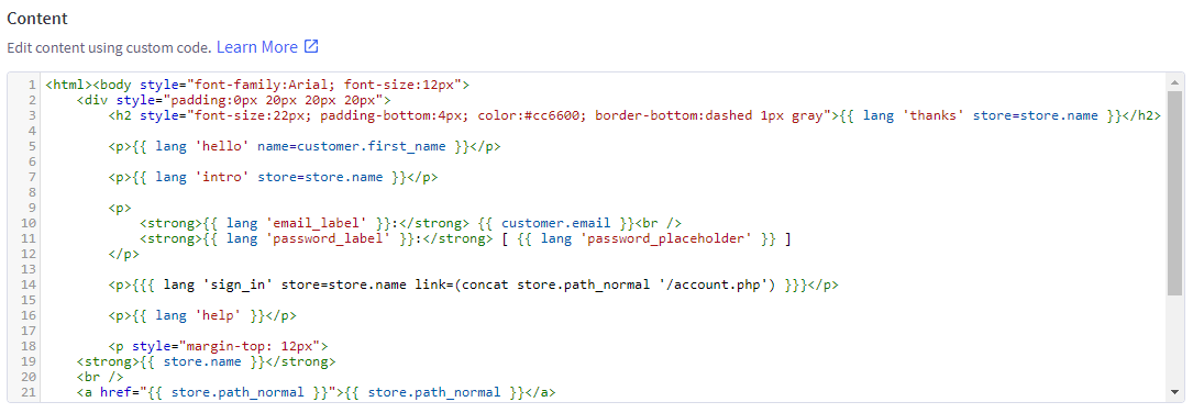 The Content portion of a Transactional Email showing the underlying HTML and Handlebars code