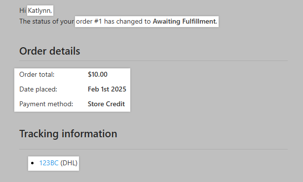 Email template preview with example content highlighted.