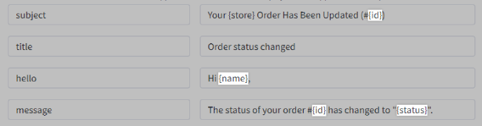 Several phrases in an email templates with variables supplying name and order ID information