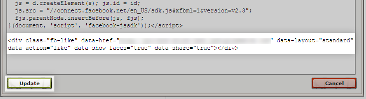 Exapmle Facebook HTML code pasted in the BigCommerce WYSIWYG editor.