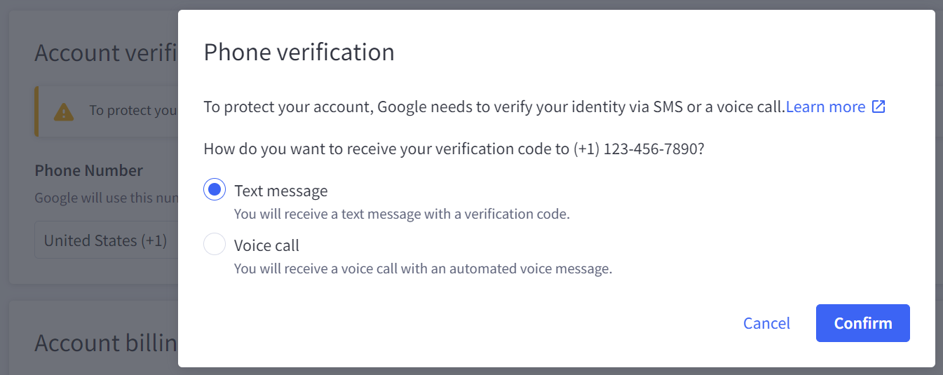 Phone verification window showing text message and voice call options