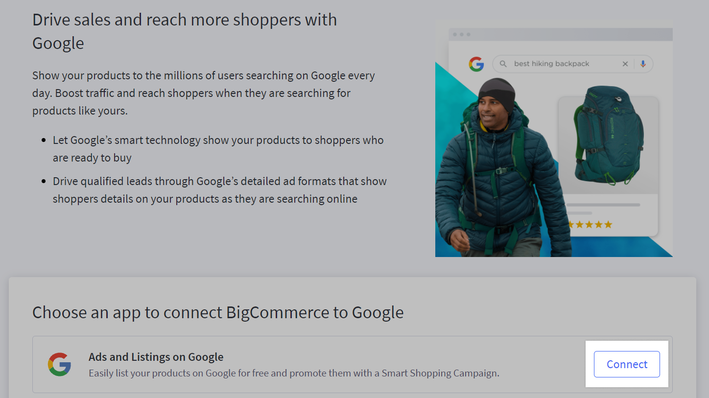 The Connect button next to Ads and Listings on Google highlighted on the Google Ad provider page