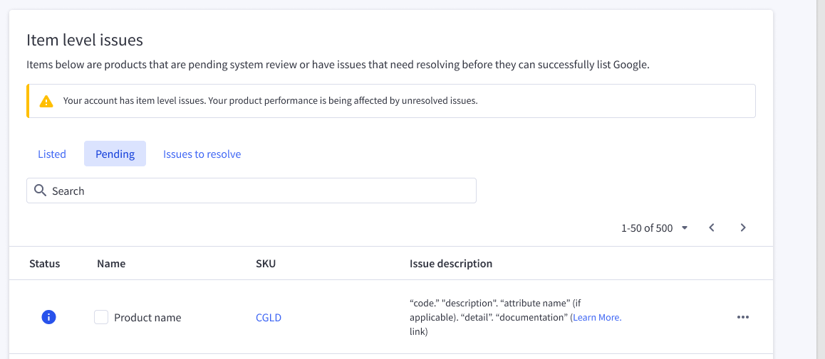 Item-level (product-level) issues on the Products page