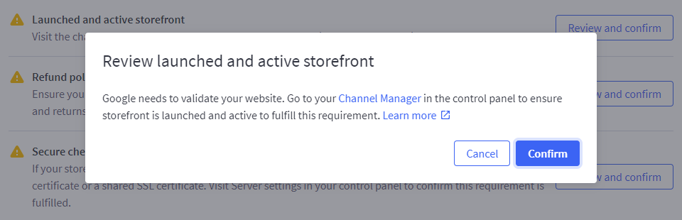The Requirements portion of the setup process showing a popup to confirm the storefront is live and active