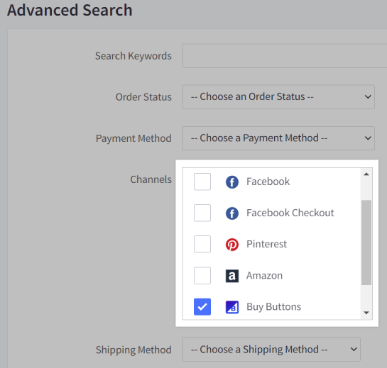 Orders from Buy Buttons highlighted as the Channel in an Advanced order search