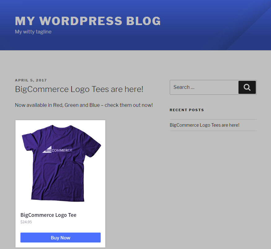 Wordpress blog post featuring a Buy Button (card type)