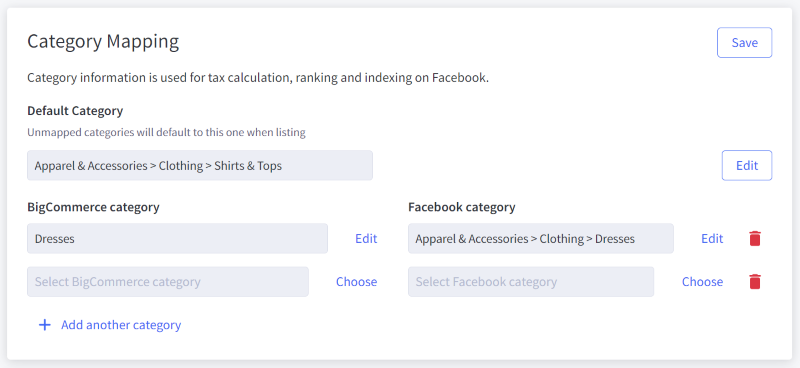 Category mapping table in Meta for BigCommerce Facebook settings