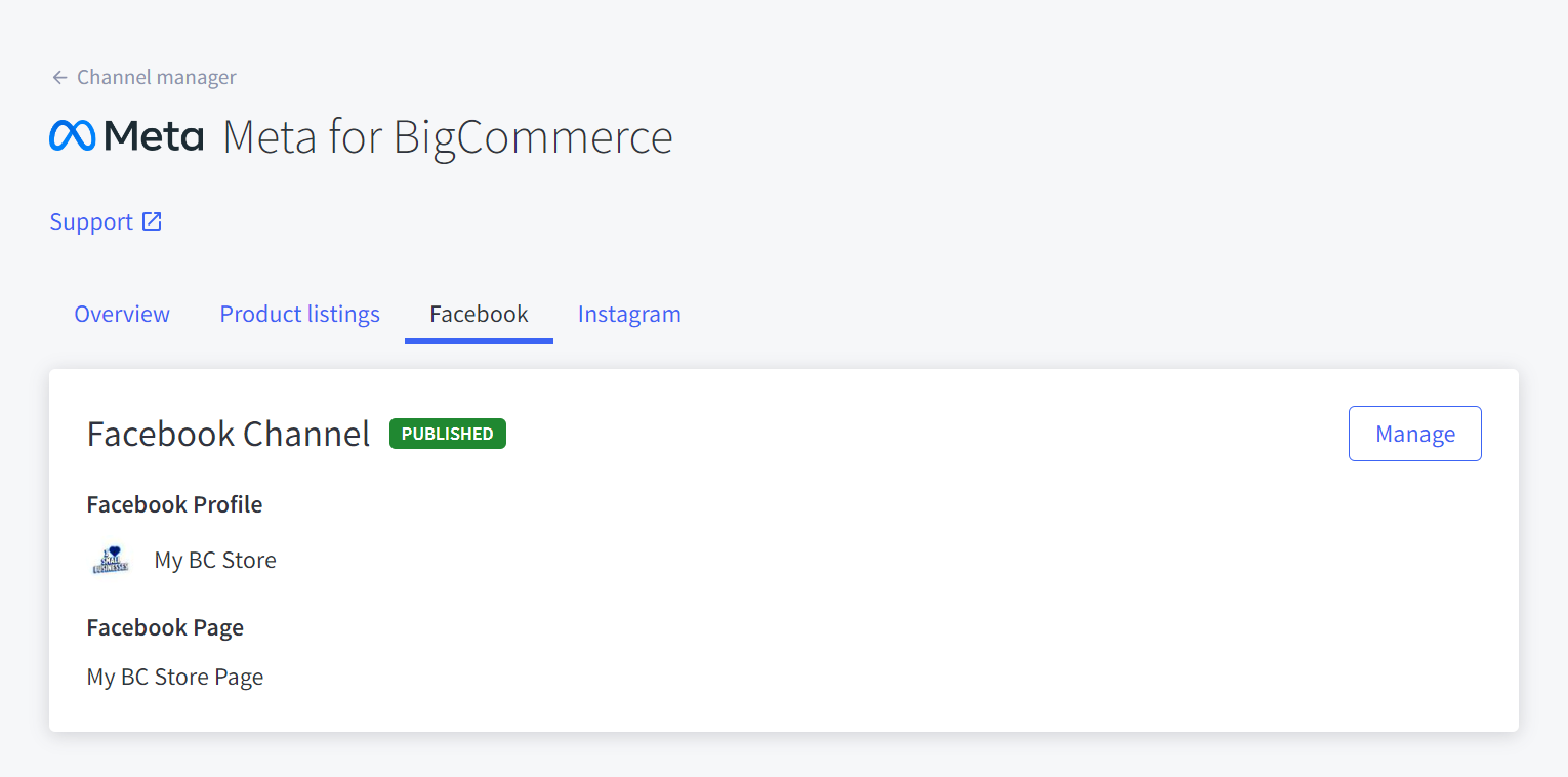 The Manage button under the Facebook tab in Meta for BigCommerce