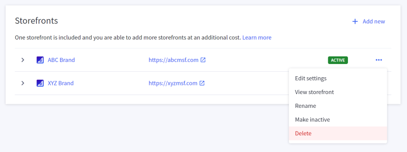 Storefront Action menu expanded with Delete highlighted