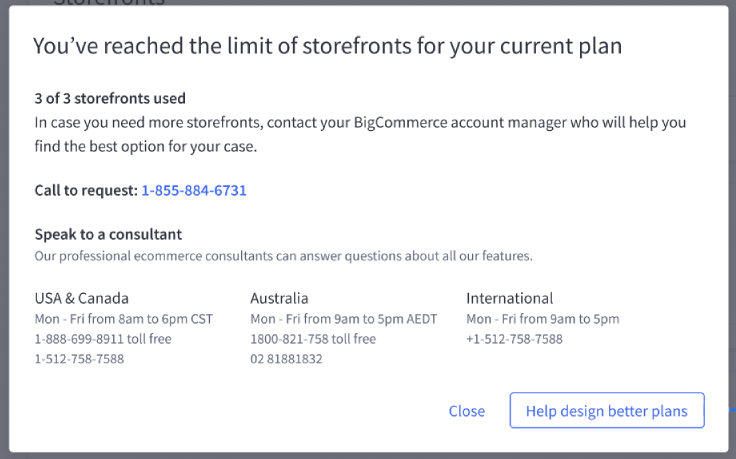 Popup message when you attempt to create a new storefront when you are at your active storefront limit.
