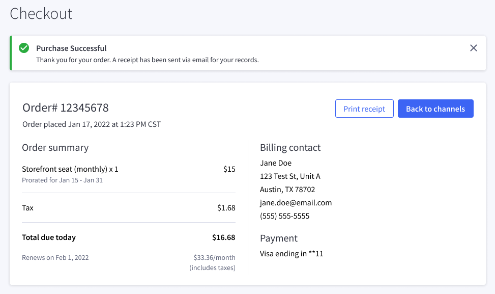 Success screen after purchasing a new seat in Channel Manager