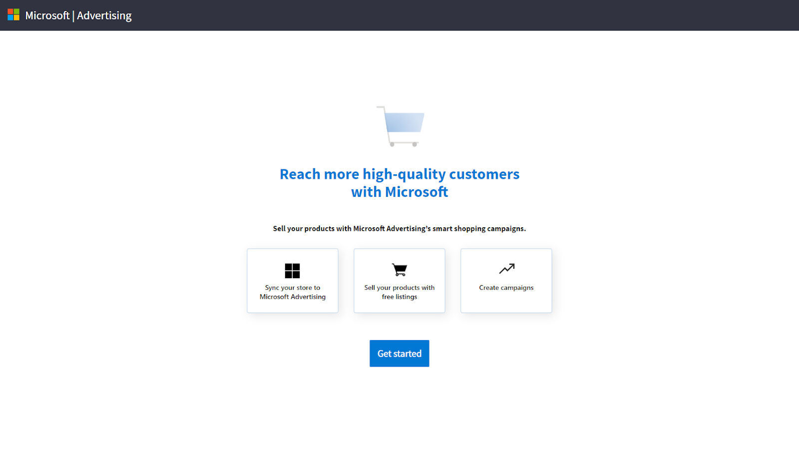 Microsoft Ads and Listings Get Started screen
