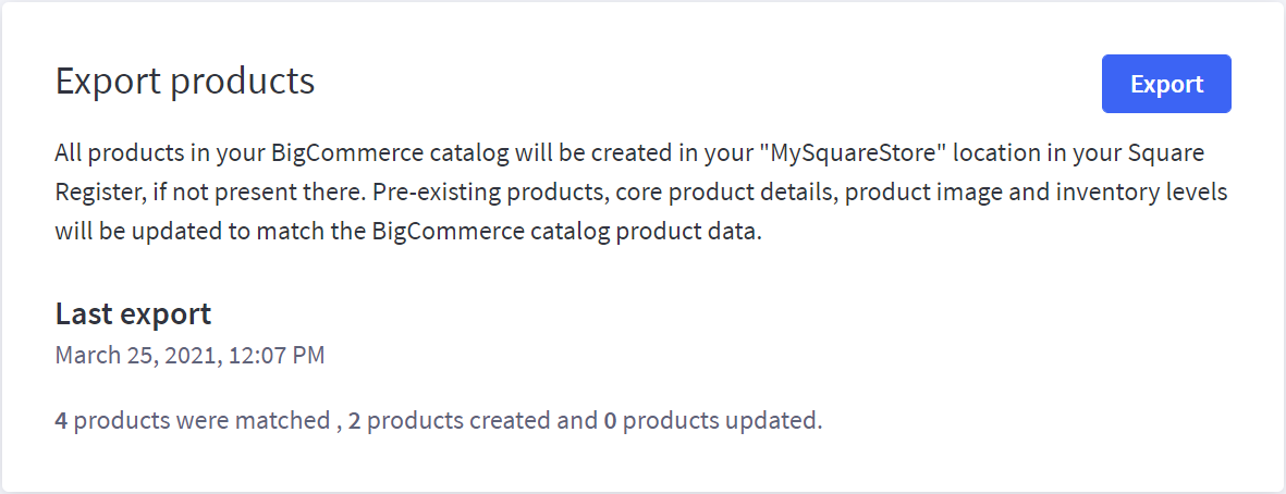 The Export button on the Products page when the app is set up to export to Square