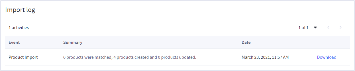 The import log on the Products page