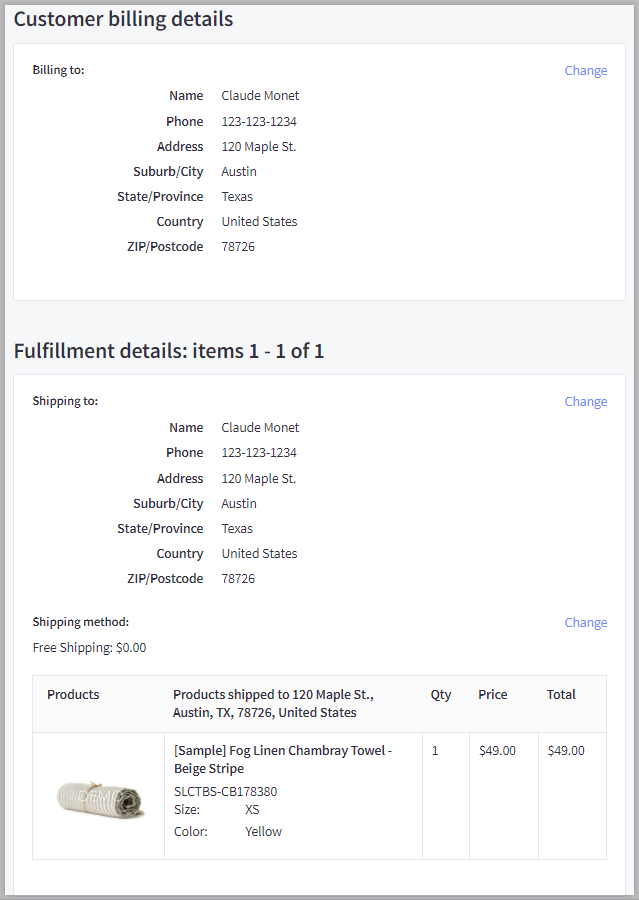 Billing, Shipping, and Cart details