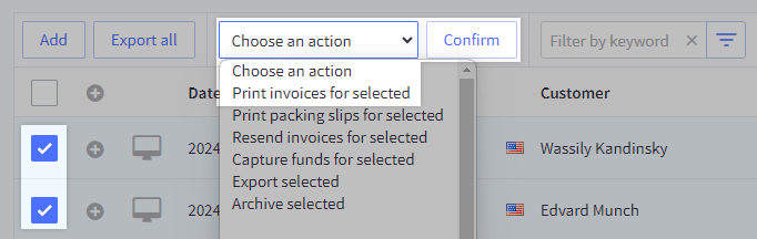 Check the orders you want to delete, click Print Invoices for Select, then click Confirm