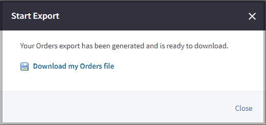 Popup showing Download my Orders file link