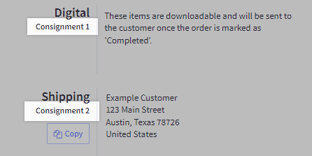 Multiple consignments displayed on an order summary.