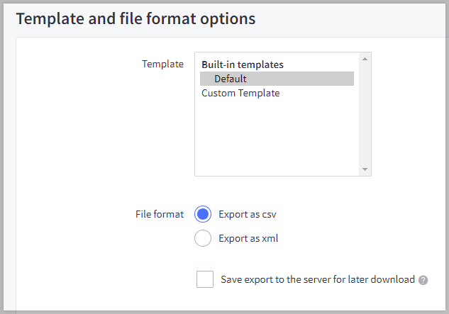 Export Orders screen showing Export Templates and File Format