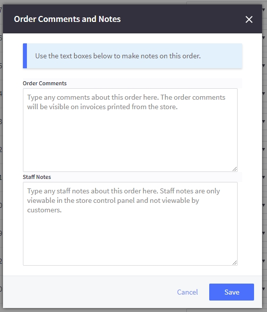 The Order Comments and Notes modal