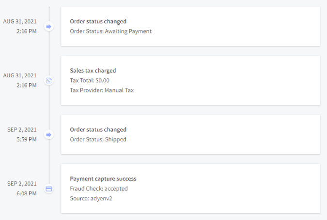 The View order timeline showing the transactional history of an order