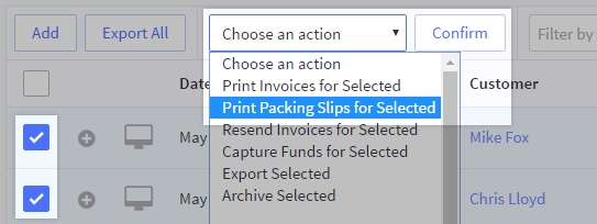 Choose an action menu with orders and Print Packing Slips for Selected highlighted