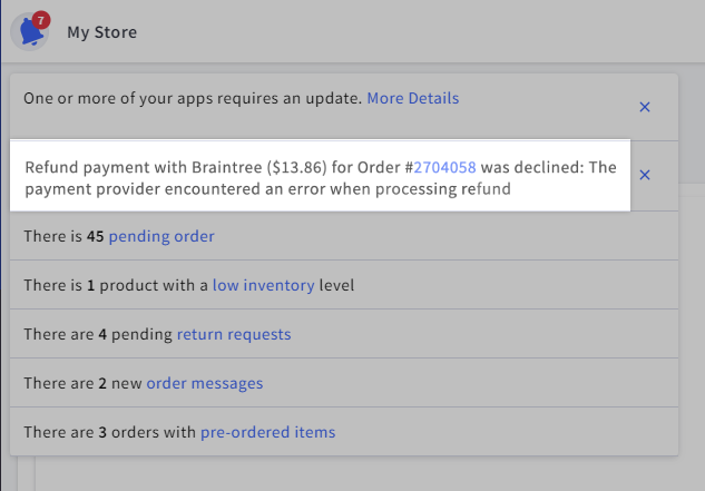 Alerts with a refund decline notification highlighted.