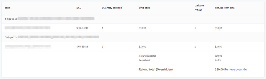 The refund summary with an overriden refund total