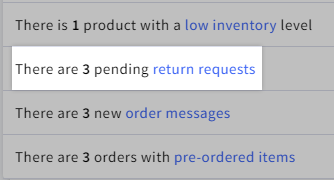 Dashboard notification highlighting a return request