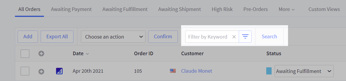 Filter by Keyword tool and the Search button highlighted on the View Orders page