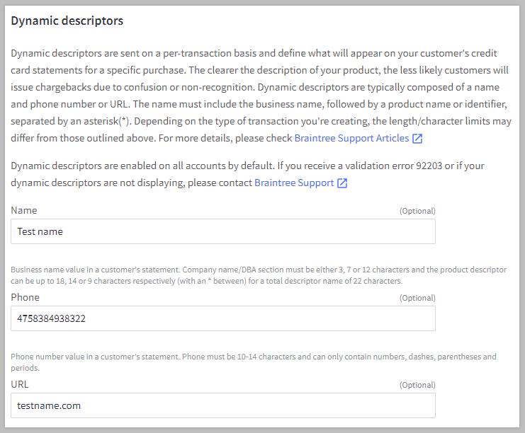 Dynamic descriptor fields in Braintree settings