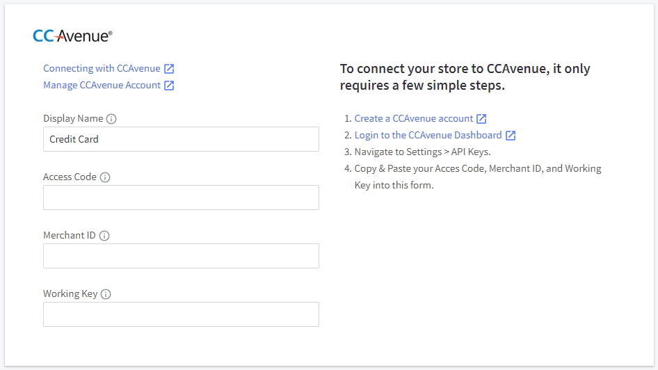 CCAvenue settings page