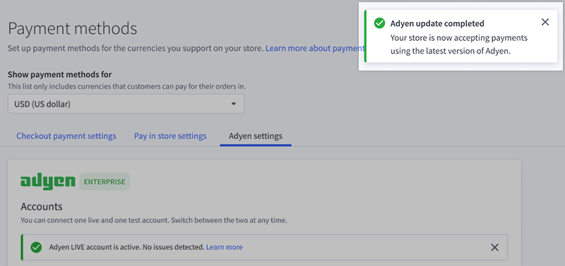 The Adyen upgrade success notification