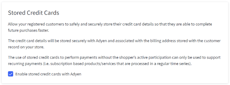 Enable the checkbox after enabling stored credit cards on your Adyen merchant account.