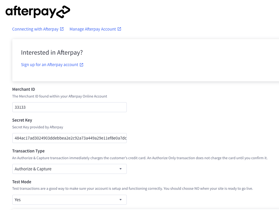 The Afterpay settings page