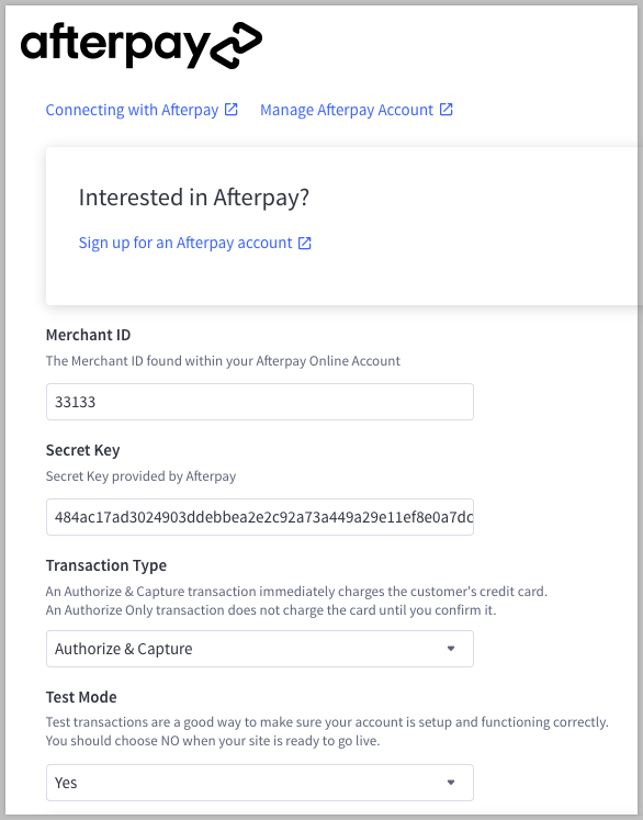 After Pay Interface Connecting with Afterpay