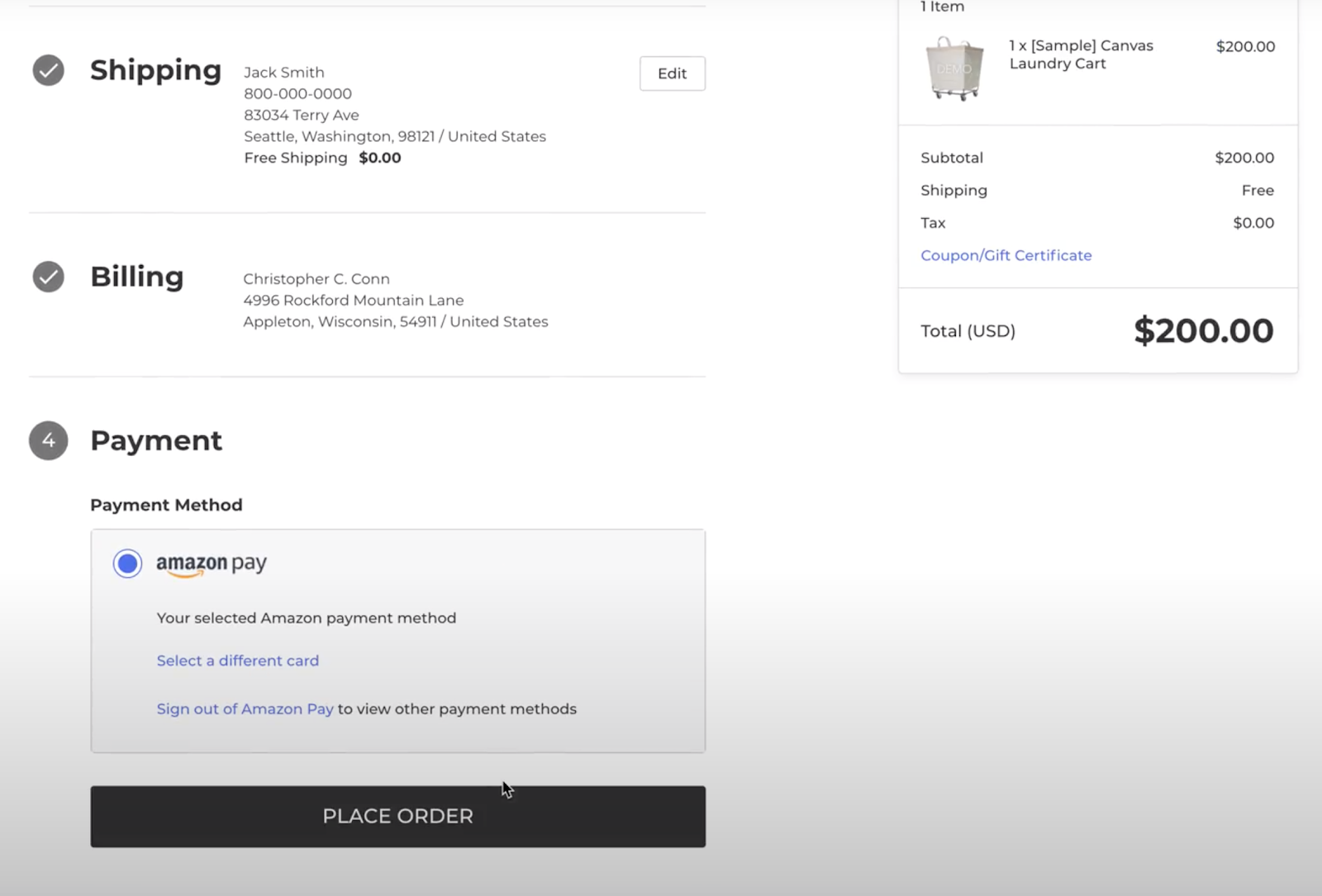 Amazon Pay used on payment portion of BigCommerce checkout