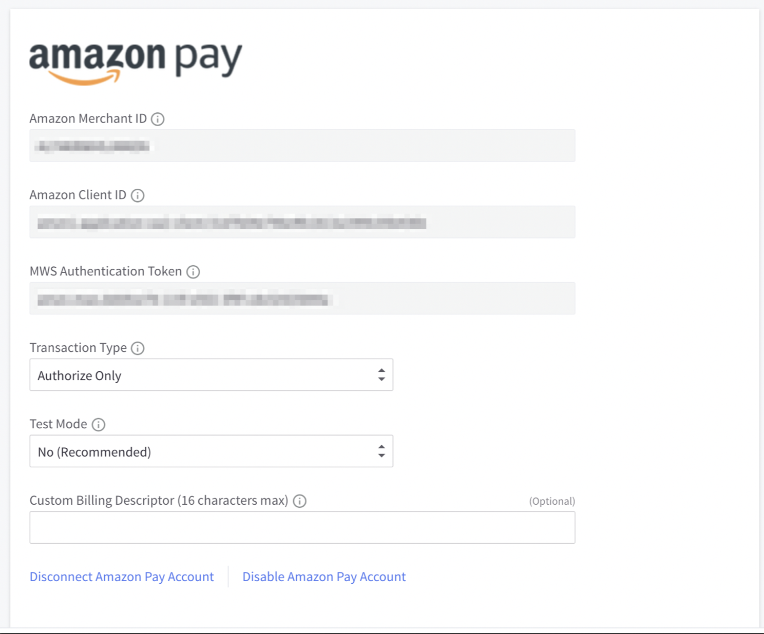 The Amazon Pay settings page in BigCommerce