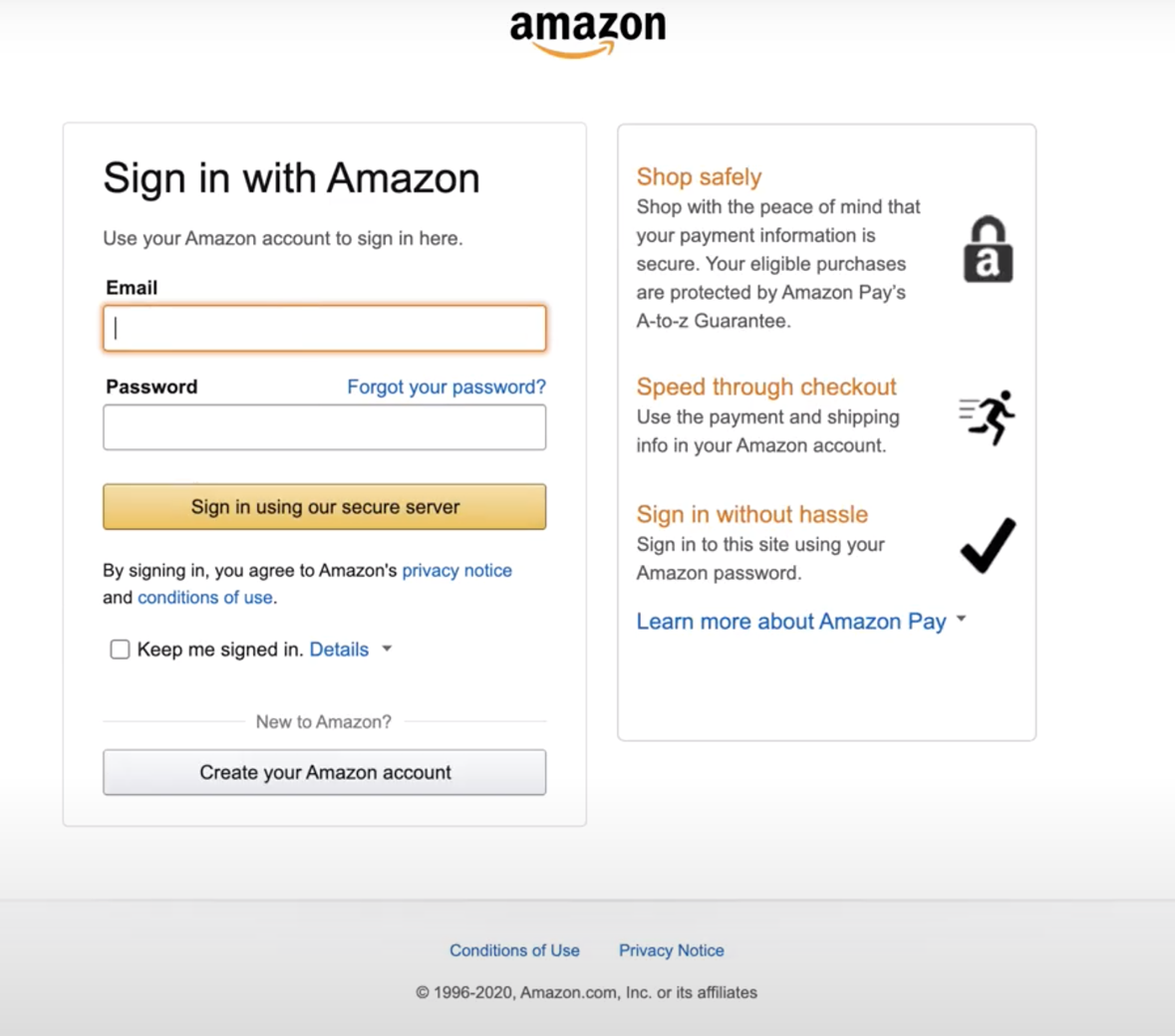 Amazon Pay shopper sign in page