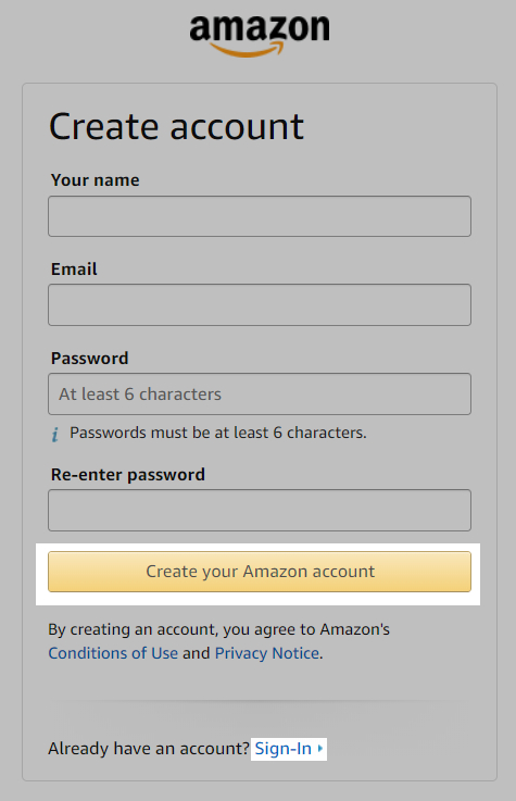 The Create your Amazon account button