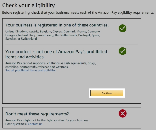 The Continue button while confirming eligibility for Amazon Pay
