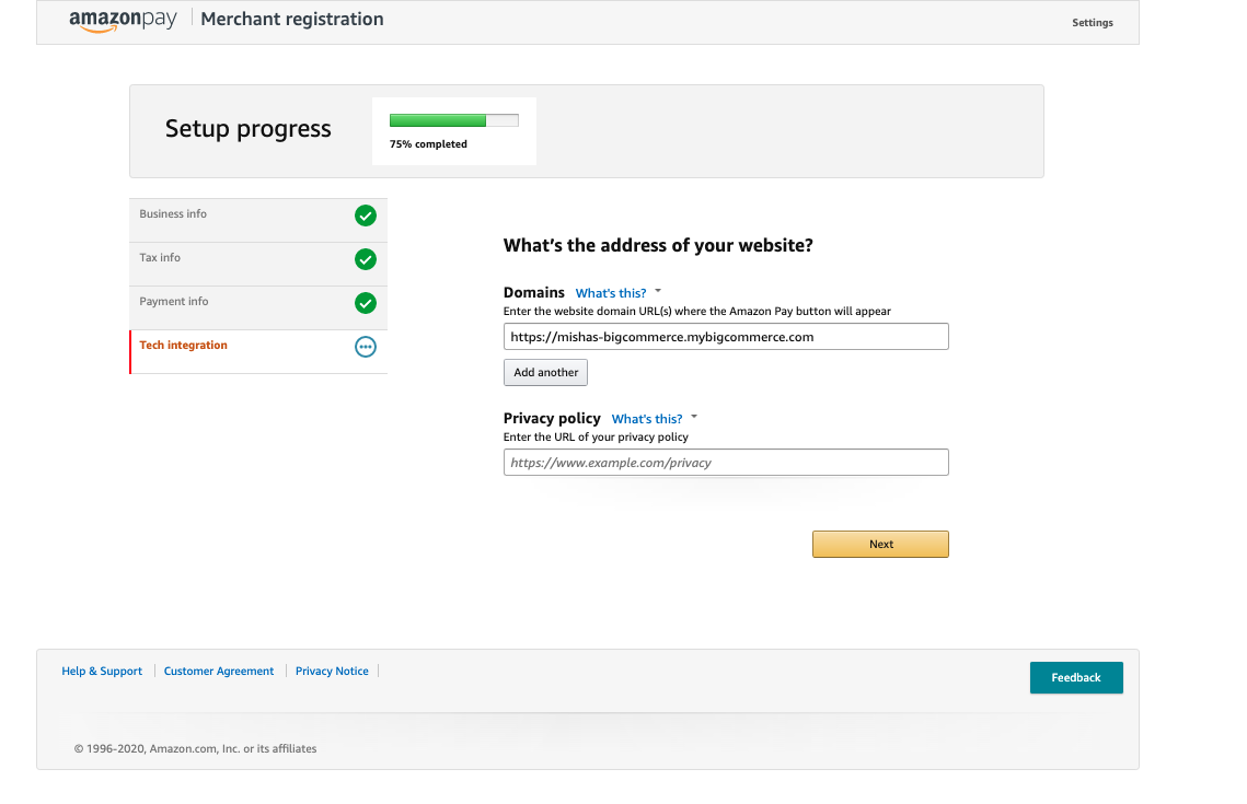 Domains portion of the Merchant Registration process