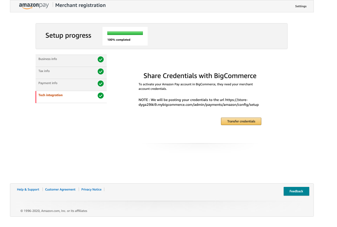 The "Share credentials with BigCommerce" portion of the Merchant Registration process