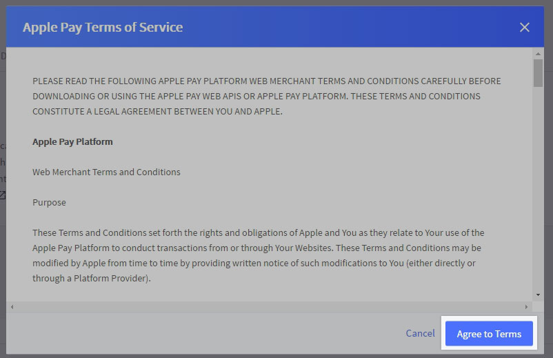 The Agree to terms button as part of Apple Pay setup