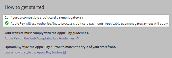 Apple Pay settings page noting that a compatible gateway must be enabled